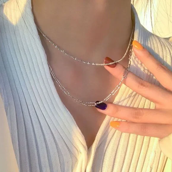 Brand New 925 Sterling Silver Layered Necklace Sparking 3pc Set Minimalist Chain - Picture 4 of 9